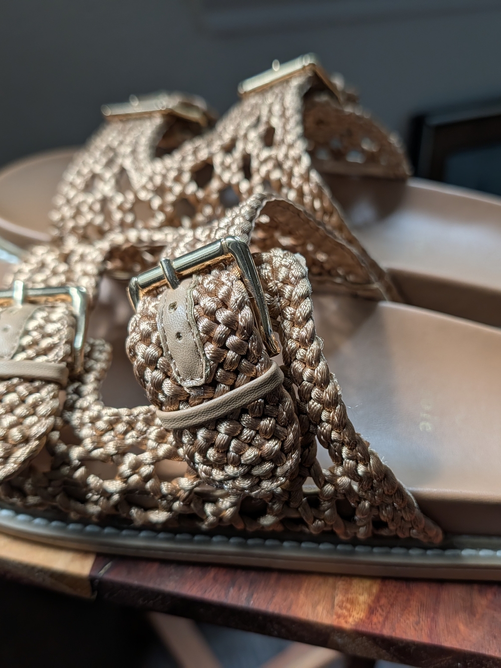 Joie Woven Double-Buckle Slide Sandals in Tan - Picture 2 of 3